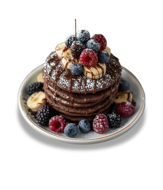 Chocolate Pancakes stacked with syrup and whipped cream at NY Diner Boston in Brighton MA