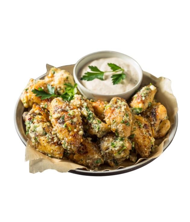 Garlic Parmesan Chicken Wings served crispy at NY Diner Boston in Brighton MA