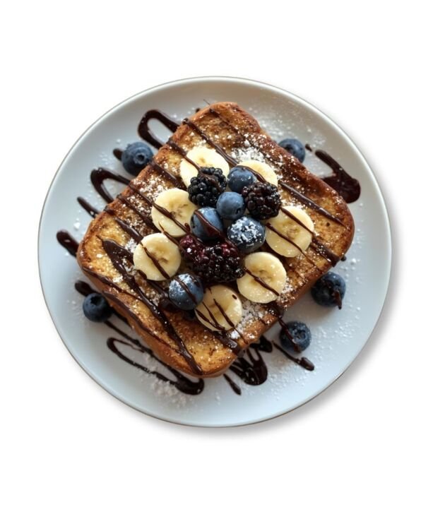 Chocolate French Toast topped with syrup and cocoa drizzle at NY Diner Boston in Brighton MA