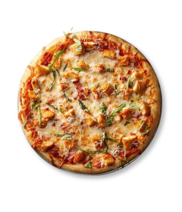 Classic Chicken Pizza topped with cheese at NY Diner Boston in Brighton MA